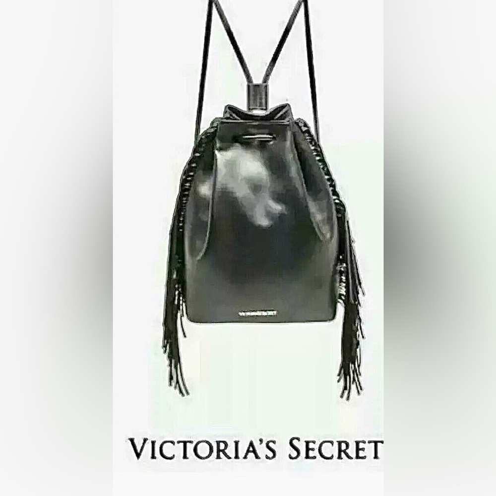 Victoria’s Secret Black Faux Leather Drawstring Bucket Bag/Backpack With Fringe